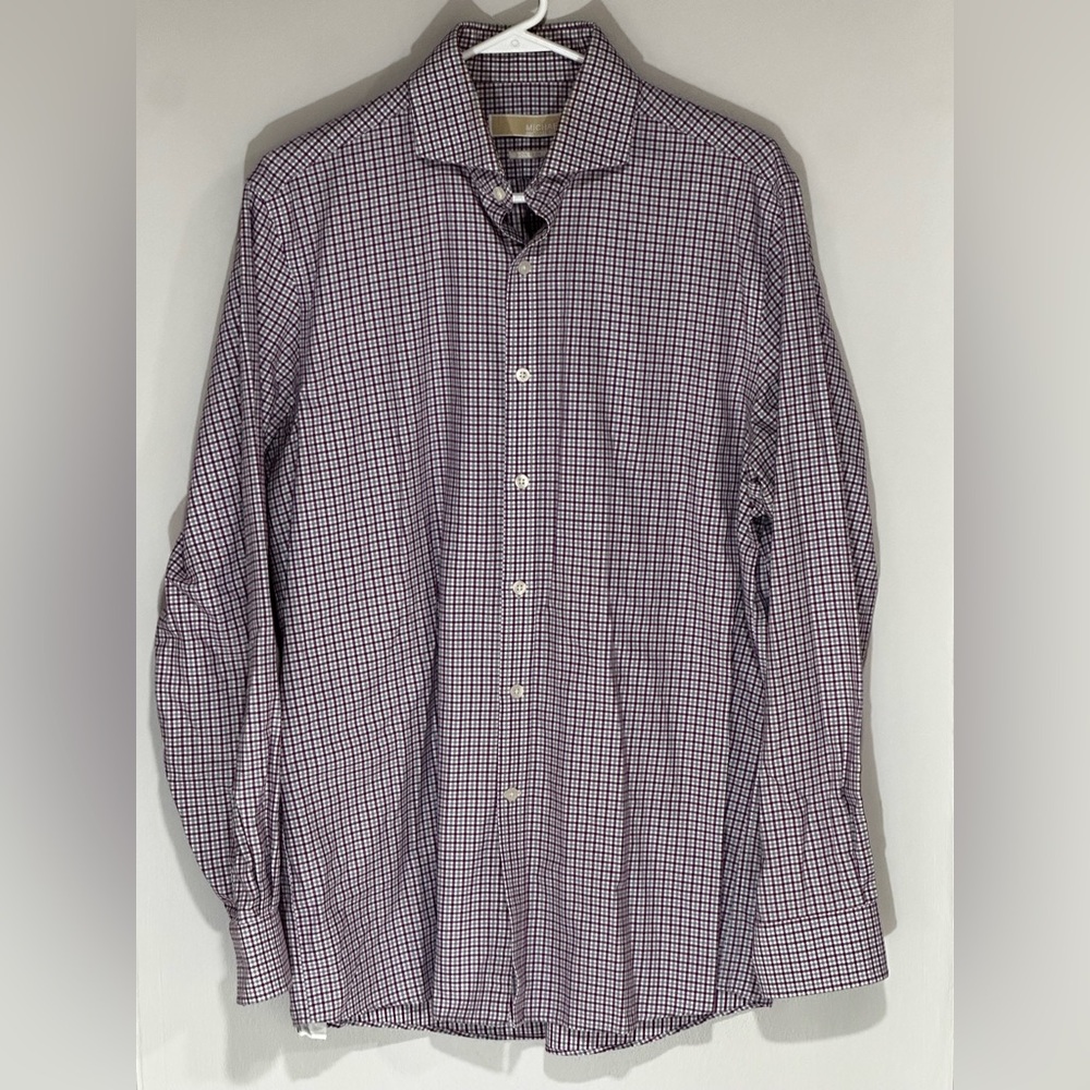 Michael Kors Mens Checkered Button Down Shirt Maroon Gray White 16 34/35